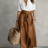 Kaheosaline komplekt – Boho-stiilis blouse ja satiinne midi-seelik