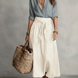 Kaheosaline komplekt – Boho-stiilis blouse ja satiinne midi-seelik