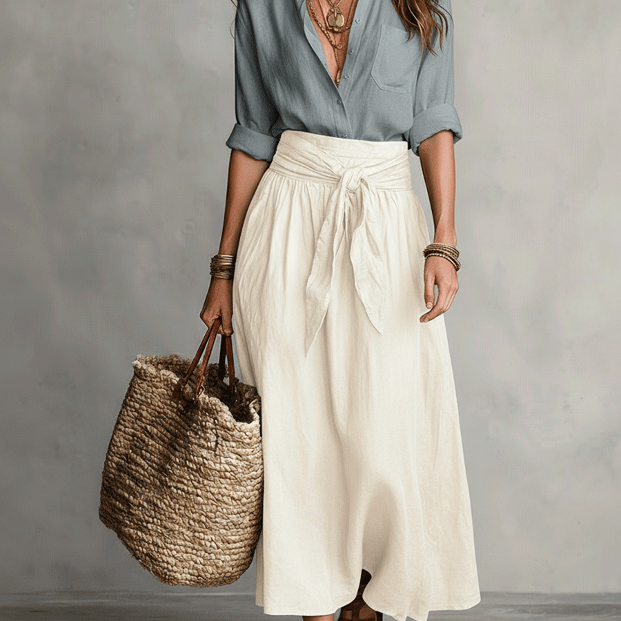 Kaheosaline komplekt – Boho-stiilis blouse ja satiinne midi-seelik