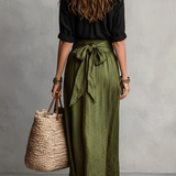 Kaheosaline komplekt – Boho-stiilis blouse ja satiinne midi-seelik
