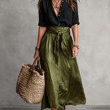 Kaheosaline komplekt – Boho-stiilis blouse ja satiinne midi-seelik