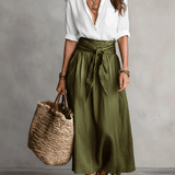 Kaheosaline komplekt – Boho-stiilis blouse ja satiinne midi-seelik