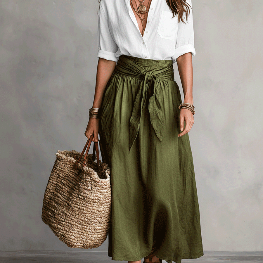 Kaheosaline komplekt – Boho-stiilis blouse ja satiinne midi-seelik