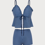Sinine Ruuduline – Elegantne ruffle tankini komplekt