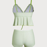 Sinine Ruuduline – Elegantne ruffle tankini komplekt