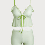 Sinine Ruuduline – Elegantne ruffle tankini komplekt